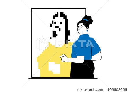NFT token concept with people scene in flat web design. Woman works as digital artist and creating painting picture for selling online. Vector illustration for social media banner, marketing material. 106608066