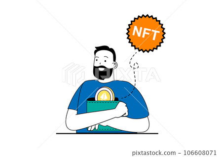NFT token concept with people scene in flat web design. Man with cryptocurrency wallet paying by unique digital art at marketplace. Vector illustration for social media banner, marketing material. NFT token concept with people scene in flat web design. Man with cryptocurrency wallet paying by unique digital art at marketplace. Vector illustration for social media banner, marketing material. 106608071