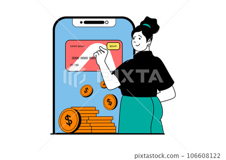 Mobile banking concept with people scene in flat web design. Woman managing credit cards and financial account with earnings money. Vector illustration for social media banner, marketing material. 106608122