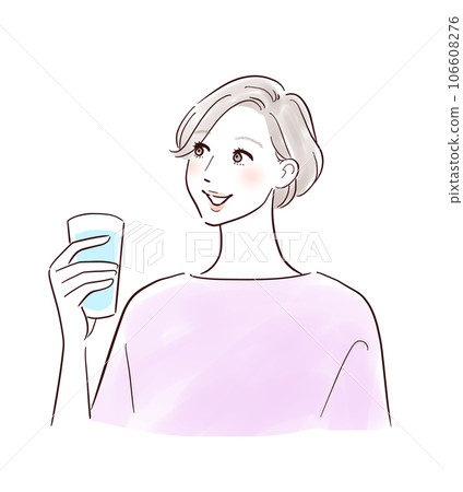Middle-aged woman drinking a drink and smiling Middle-aged woman drinking a drink and smiling 106608276