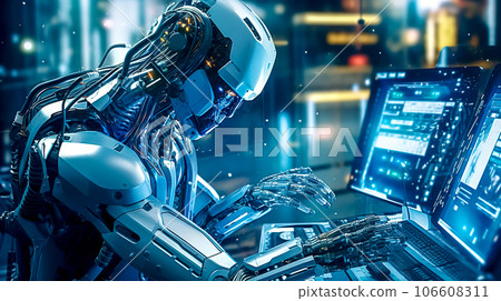 futuristic robot hacker writes malicious software codes in online network on computer 106608311