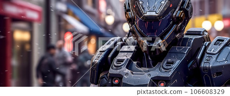 modern futuristic police robot in the streets of the city, banner modern futuristic police robot in the streets of the city, banner 106608329