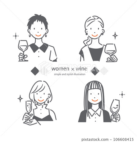 Line drawing illustration set of a young woman enjoying wine. Simple and stylish line drawing illustration. Line drawing illustration set of a young woman enjoying wine. Simple and stylish line drawing illustration. 106608415