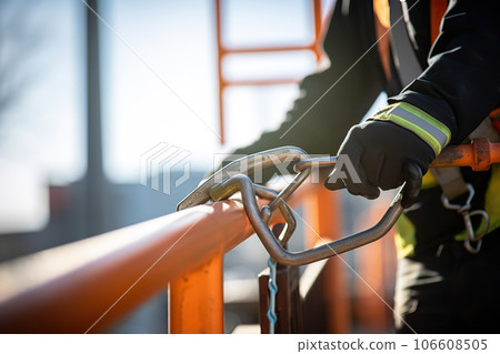 Construction Worker Wearing Safety Harness and Safety Line Masterfully Working at High Place. created with Generative AI Construction Worker Wearing Safety Harness and Safety Line Masterfully Working at High Place. created with Generative AI 106608505