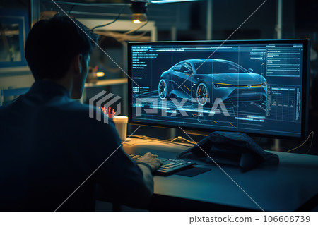 Professional Graphic Designer Creating Electric Concept Car on 3D CAD Software in High Tech Laboratory. created with Generative AI 106608739