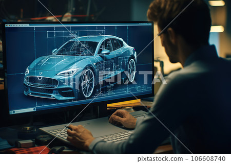 Professional Graphic Designer Creating Electric Concept Car on 3D CAD Software in High Tech Laboratory. created with Generative AI 106608740
