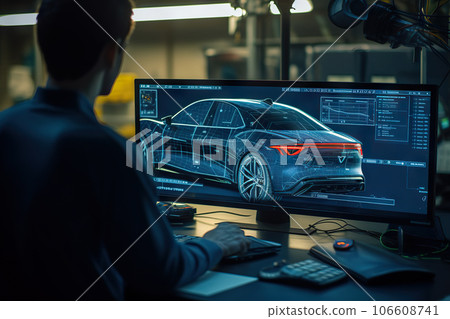 Professional Graphic Designer Creating Electric Concept Car on 3D CAD Software in High Tech Laboratory. created with Generative AI 106608741