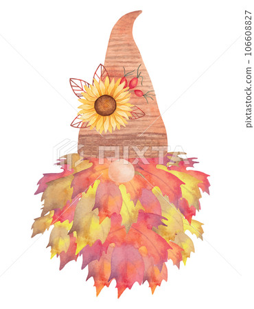 Autumn gnome.Beard made of maple leaves.A composition of a sunflower with petals on the hat. Watercolor illustration.Isolated hand drawn art 106608827