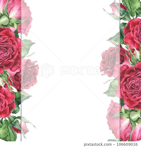 Frame of pink Roses. Watercolor botanical illustration of a red Flower. Hand drawn floral template for text isolated on white background. Copy space square invitation. Drawing bouquet for a postcard 106609016