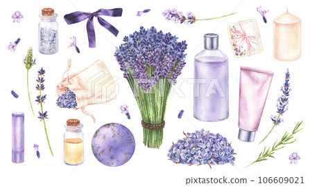 Lavender Cosmetics and flowers Set. Watercolor botanical illustration of purple herbal bouquet. Hand drawn clipart bundle on isolated background. Drawing of pastel sticker pack floral beauty products 106609021