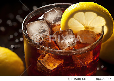 Refreshing Lemon Cola Soda: Closeup of Chilled Beverage with Lemon Slice and Ice Cubes, Creating a Cool and Crisp Visual Delight. created with Generative AI Refreshing Lemon Cola Soda: Closeup of Chilled Beverage with Lemon Slice and Ice Cubes, Creating a Cool and Crisp Visual Delight. created with Generative AI 106609027