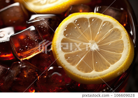 Refreshing Lemon Cola Soda: Closeup of Chilled Beverage with Lemon Slice and Ice Cubes, Creating a Cool and Crisp Visual Delight. created with Generative AI 106609028