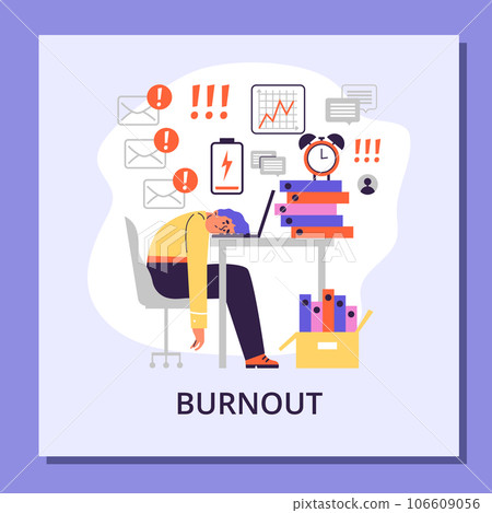 Burnout concept poster, tired employee lying his head on laptop, flat vector illustration. Burnout concept poster, tired employee lying his head on laptop, flat vector illustration. 106609056