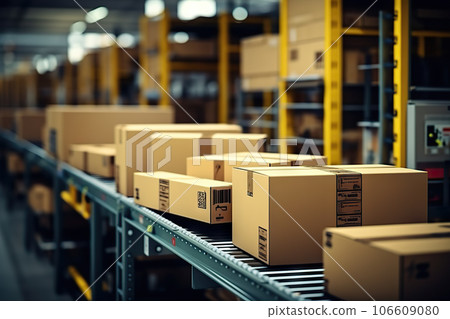 Efficient Post-Delivery Warehouse Operations Conveyor Belt Sorting of Cardboard Boxes and Packages in a Busy Storage Facility. created with Generative AI 106609080