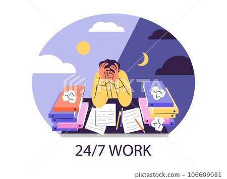 Workaholic works day and night, flat vector illustration isolated on white background. 106609081
