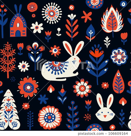 Simple minimalist Scandinavian seamless pattern with banny, forest and flowers 106609164