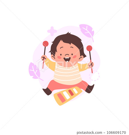 Toddler child character play drums flat cartoon vector illustration isolated. Toddler child character play drums flat cartoon vector illustration isolated. 106609170