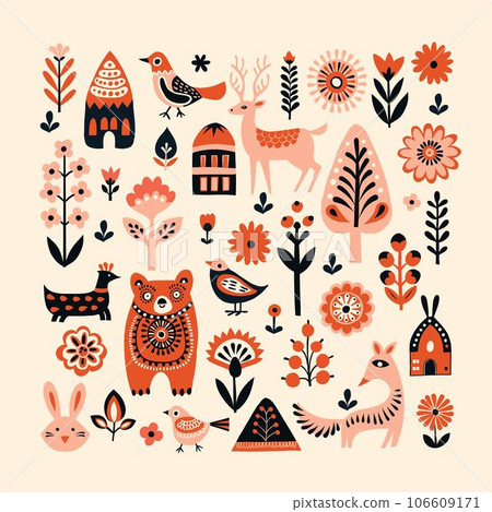 Simple minimalist Scandinavian pattern with forest animals cozy cottages Simple minimalist Scandinavian pattern with forest animals cozy cottages 106609171