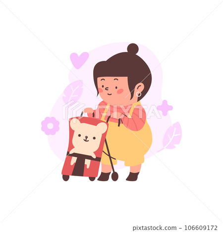 Baby carrying a stroller with toy teddy bear flat vector illustration isolated. Baby carrying a stroller with toy teddy bear flat vector illustration isolated. 106609172
