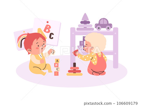 Cheerful toddlers sitting collects pyramid of colored rings, cubes with alphabet, baby playing toys vector illustration 106609179