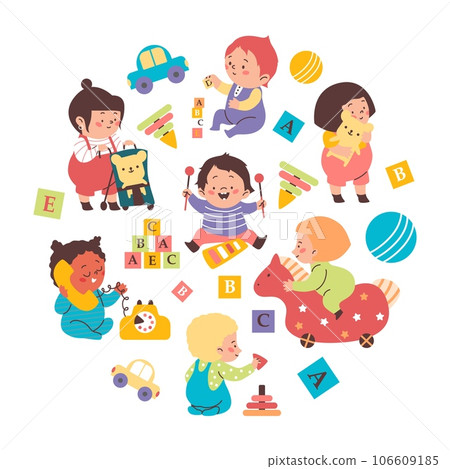 Children play toys and developmental puzzles flat vector illustration isolated. 106609185