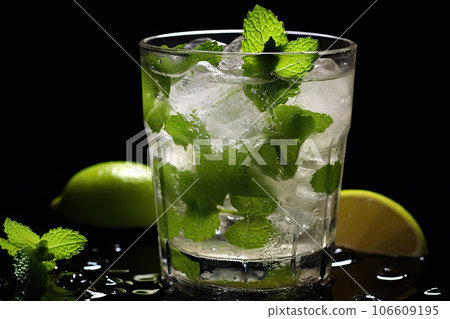 Closeup Photo of Cold Alcoholic Drink with Lime, Ice, and Mint on Black Background. created with Generative AI 106609195