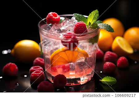 Closeup Photo of Fresh Cold Alcoholic Fruit Cocktail with Ice, Lemon, Berries, and Mint on a Black Bar Counter.. created with Generative AI Closeup Photo of Fresh Cold Alcoholic Fruit Cocktail with Ice, Lemon, Berries, and Mint on a Black Bar Counter.. created with Generative AI 106609217