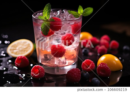 Closeup Photo of Fresh Cold Alcoholic Fruit Cocktail with Ice, Lemon, Berries, and Mint on a Black Bar Counter.. created with Generative AI Closeup Photo of Fresh Cold Alcoholic Fruit Cocktail with Ice, Lemon, Berries, and Mint on a Black Bar Counter.. created with Generative AI 106609219