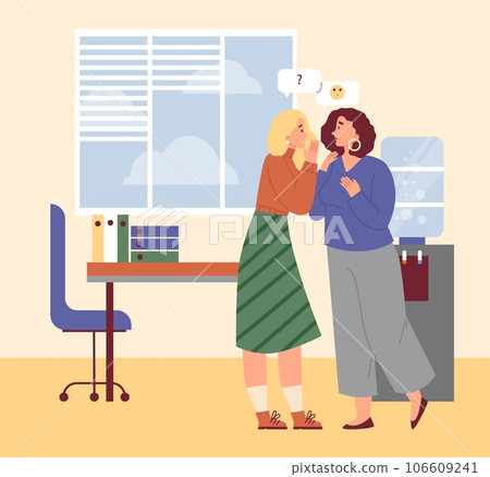 Female colleagues gossip in office workplace, flat cartoon vector illustration. Female colleagues gossip in office workplace, flat cartoon vector illustration. 106609241