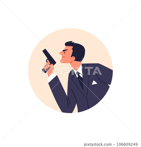 Round avatar of cunning man in suit holding gun side view flat style 106609249