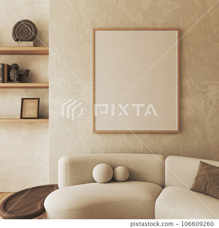 Contemporary classic white beige livingroom interior with one picture frame, wooden shelfs with books and decor. Empty stucco wall mockup. 3d rendering. High quality 3d illustration 106609260
