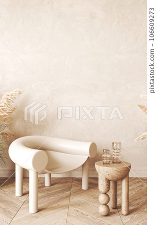 Japandi boho beige interior with chair and stucco background. Light modern australian livingroom with creative composition. 3d rendering. High quality 3d illustration 106609273