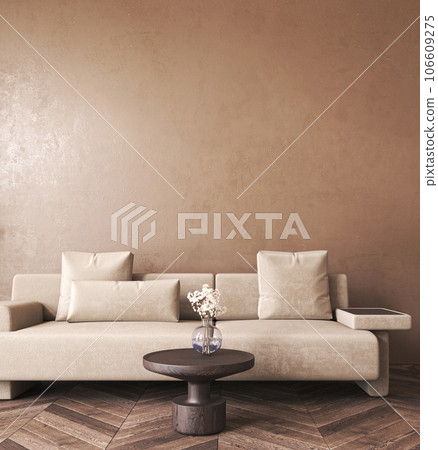 Japandi boho beige interior with lounge sofa and dry plant background. Light modern australian livingroom. 3d rendering mockup. High quality 3d illustration 106609275