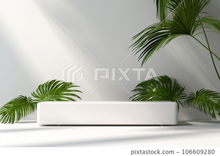 Green Tropical Leaves Podium Showcase on Light White Background Abstract Natural Organic Background, Spa Body Care, Relaxation, and Health. created with Generative AI 106609280
