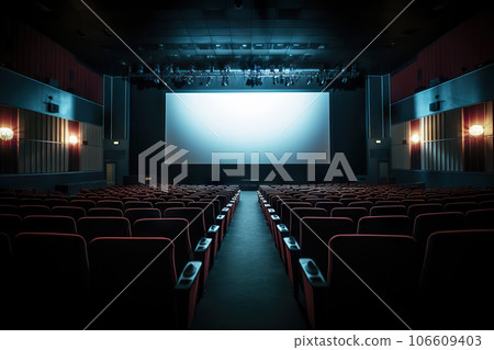 Cinema Auditorium. Blank Canvas of Entertainment with Empty Curtains and White Screen. created with Generative AI 106609403