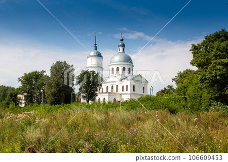 View of the Spassky Cathedral and the city of Yelabuga from the bell tower of the Spassky Cathedral on a sunny spring day. Yelabuga, Tatarstan, Russia 106609453