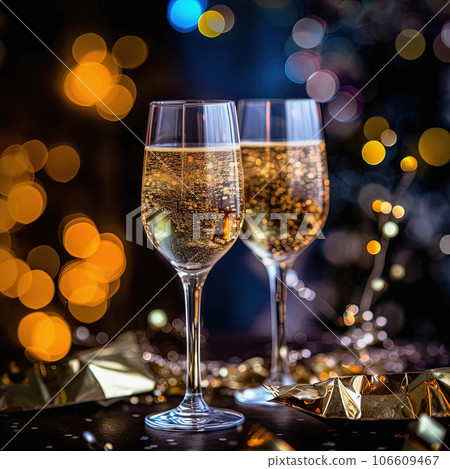 New Years Eve party champagne flutes on colorful background with bokeh lights 106609467