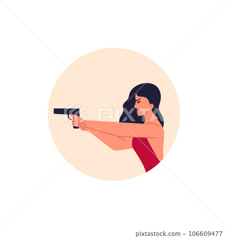 Round avatar of beautiful woman in red dress holding gun flat style Round avatar of beautiful woman in red dress holding gun flat style 106609477