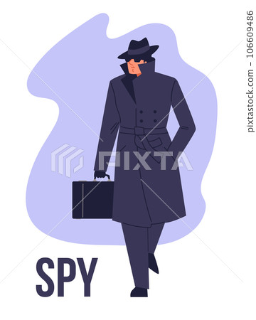 Mysterious spy with briefcase, wearing hat, coat and sunglasses, flat vector illustration on white background. Mysterious spy with briefcase, wearing hat, coat and sunglasses, flat vector illustration on white background. 106609486