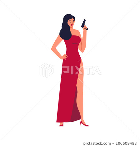 Beautiful sexy brunette woman in red dress armed with a pistol, special secret agent on mission flat vector illustration 106609488