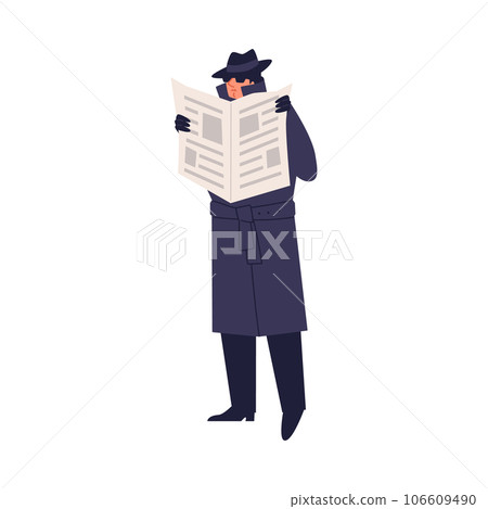 Special secret agent wearing dark cloak, hat and sunglasses spying under cover of a newspaper, vector haunts mission Special secret agent wearing dark cloak, hat and sunglasses spying under cover of a newspaper, vector haunts mission 106609490