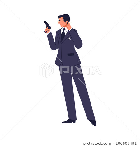 Man in suit with gun listening information in earpiece flat style 106609491