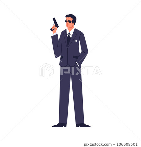 Special secret agent in dark formal suit and glasses armed with a pistol, detective on mission flat vector illustration 106609501