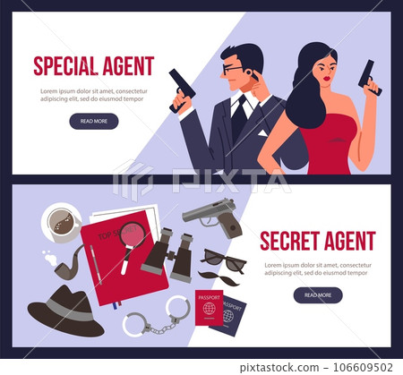 Set vector flyers advertising, Special secret agents couple armed with a pistol, spy accessories binoculars, documents Set vector flyers advertising, Special secret agents couple armed with a pistol, spy accessories binoculars, documents 106609502