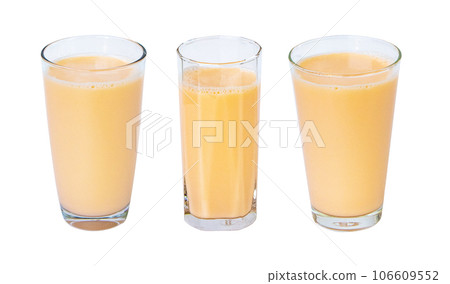 Lactic fermentation beverage light orange sour or yogurt taste in square, sphere glass tall three type isolated on white background. Fermented milk vitamin B2 low cholesterol Lactobacillus acidophilus Lactic fermentation beverage light orange sour or yogurt taste in square, sphere glass tall three type isolated on white background. Fermented milk vitamin B2 low cholesterol Lactobacillus acidophilus 106609552