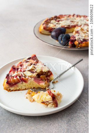 Piece of plum cake on a plate 106609622