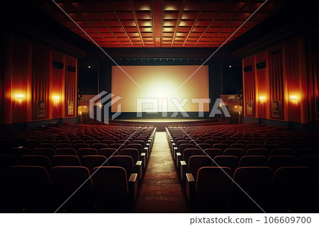 Cinema Auditorium. Blank Canvas of Entertainment with Empty Curtains and White Screen. created with Generative AI 106609700