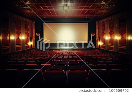 Cinema Auditorium. Blank Canvas of Entertainment with Empty Curtains and White Screen. created with Generative AI 106609702