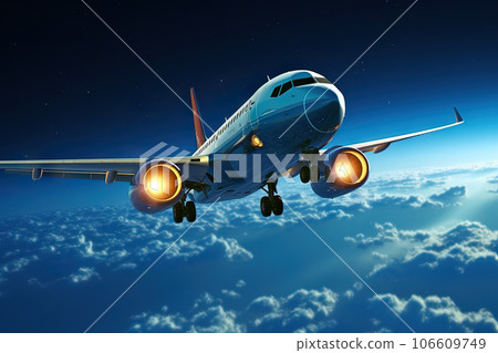 Nighttime Skies Unveiled Passenger Airplane Soaring through Starlit Cloudscapes. created with Generative AI Nighttime Skies Unveiled Passenger Airplane Soaring through Starlit Cloudscapes. created with Generative AI 106609749