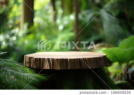 Natural Elegance Empty Wooden Cut Against Lush Green Forest Background for Product Display. created with Generative AI 106609836